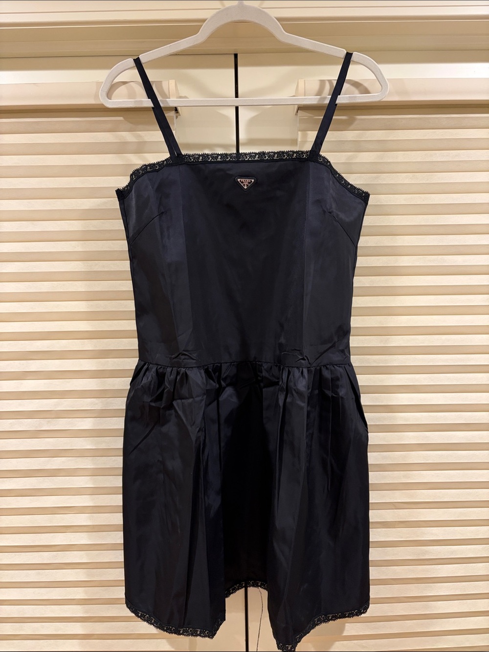 NWOT Prada Black Re-Nylon Slip Dress with Lace Trim, Size S/M/L